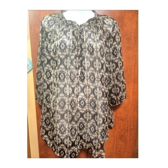 Faded Glory L (12-14) Black Combo Ikat Print Peasant Blouse Tunic Top - Picture 3 of 15